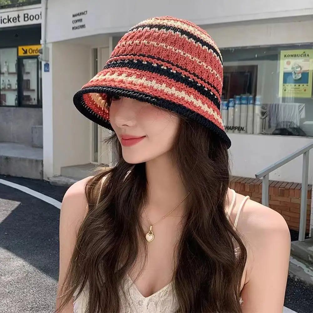 Summer Hollow Knitted Hollow Fisherman Caps Sun Protection Straw Bucket Hat Breathable Crochet Beach Cap Wide Brim Sun Hat