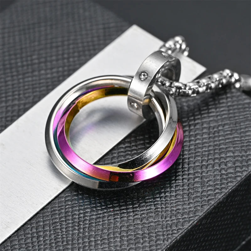 Fashion Men Necklace 3 Round Ring Stainless Steel Pendant Necklaces For Women Silver Color Chain Hiphop Rock Jewelry Accessories