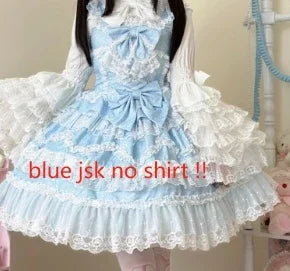 Super Fairy Lolita Dress Set New Spring and Autumn Sweet Girl Women's Flower Lace Bow Shirt Princess Jsk Suspender Dress
