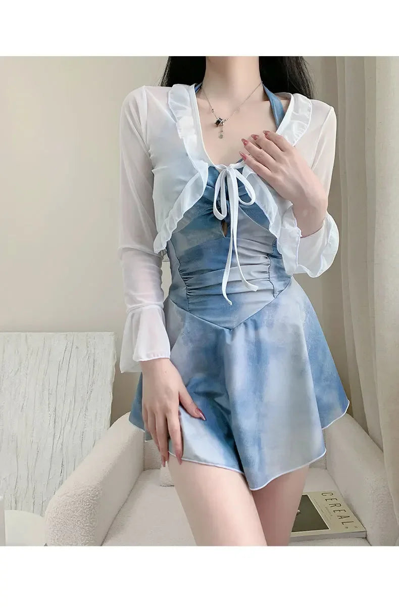 New Tenderness Sweet Cute Blue Halter Bikinis Swimsuit Aesthetics Fashions Slim Onsen Conservative Swimwear Bikinis Set