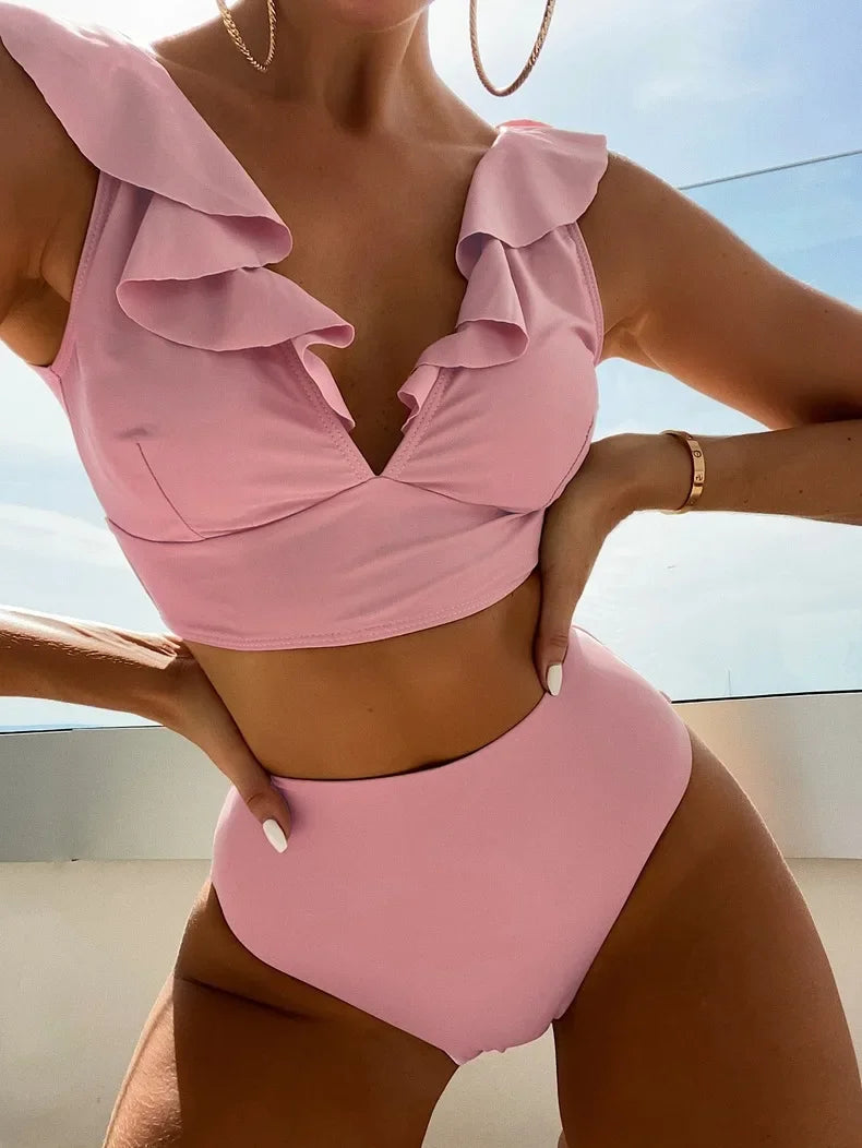 Solid Color Sexy V-neck Ruffle Bikini 2024 Women 2 Piece Swimwear Push Up Padded High Waist Swimsuit Summer Beach Bathing Suit