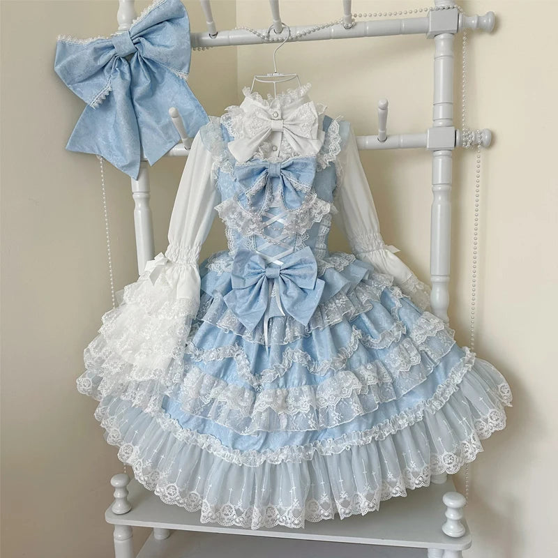Super Fairy Lolita Dress Set New Spring and Autumn Sweet Girl Women's Flower Lace Bow Shirt Princess Jsk Suspender Dress