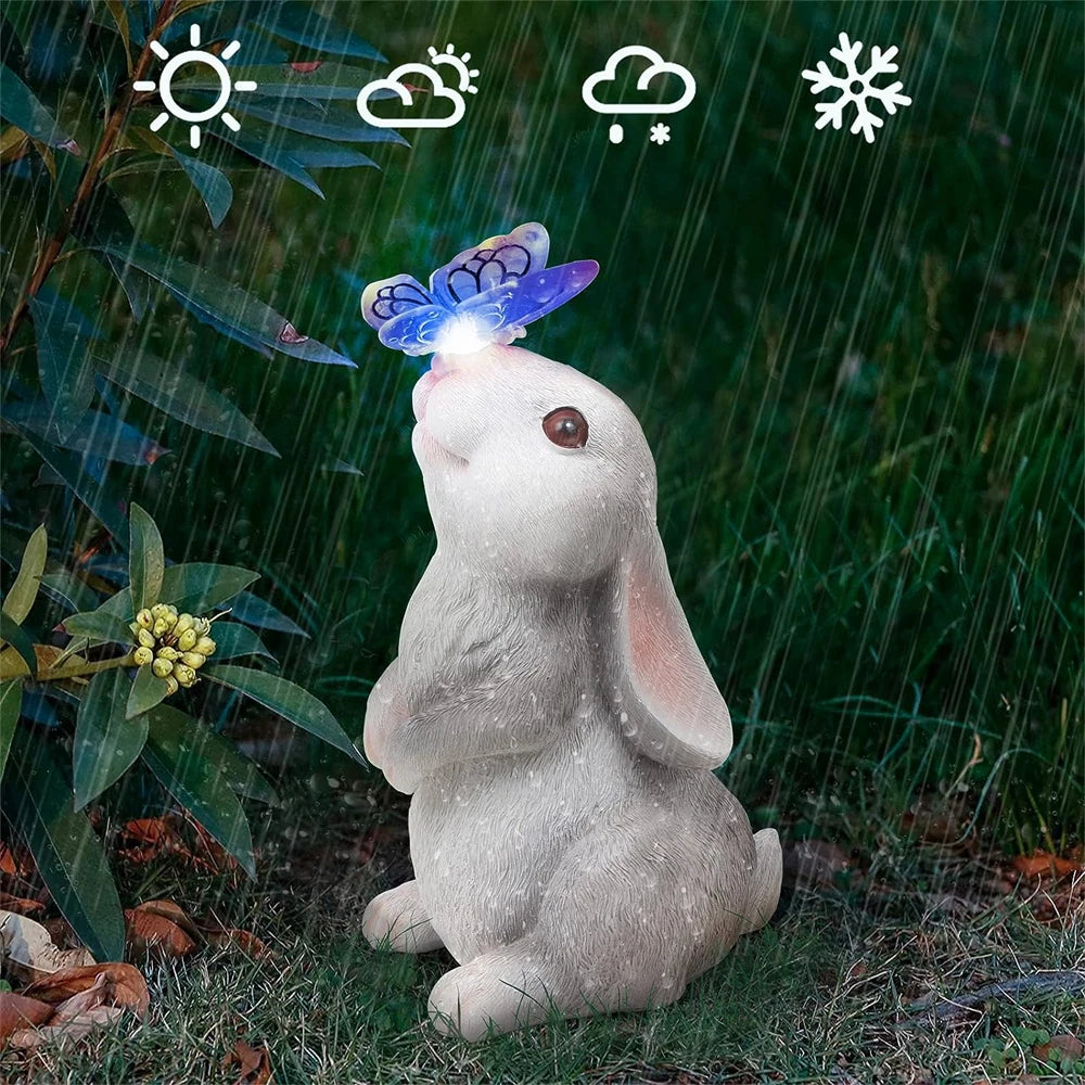 Solar Bunny Statue Garden Decor with Butterfly LED Light Resin Animal Sculpture Figurine Outdoor Decoration for Garden Courtyard