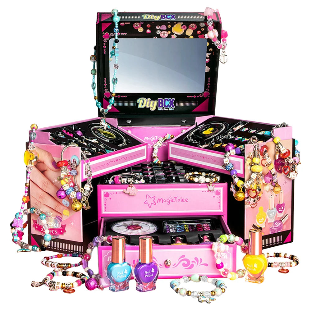 Charm Bracelet Making Kit with Jewelry Box & Nail Polish Jewelry Making Kit Birthday Christmas Gifts for Girls Ages 6-12