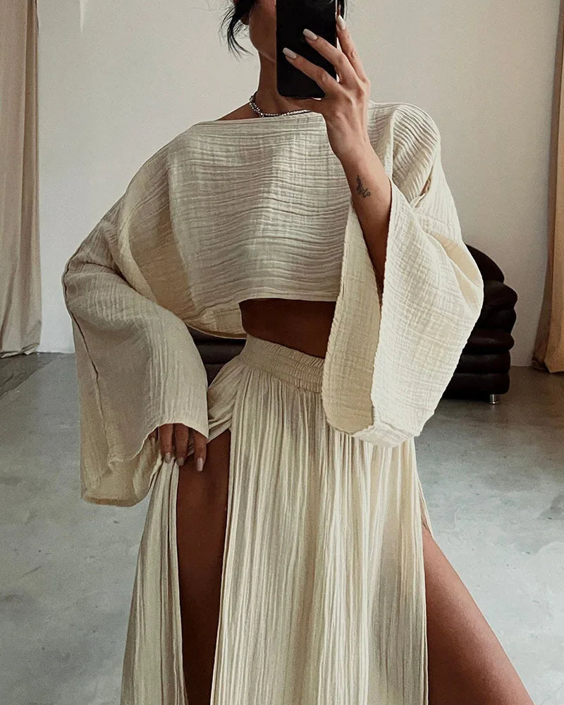 2 Pcs/Set Women Crop Top Skirt Sets Long Sleeve Top High Waist Split Skirts Suit Beach Bikini Coverup Lady Elegant Party Outfit