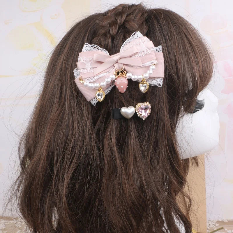Larme Kei Lace Hair Clips Sweet Girl's Beaded Bow Heart Rhinestone Hair Bows Lolita Strawberry Hair Accessories Gift