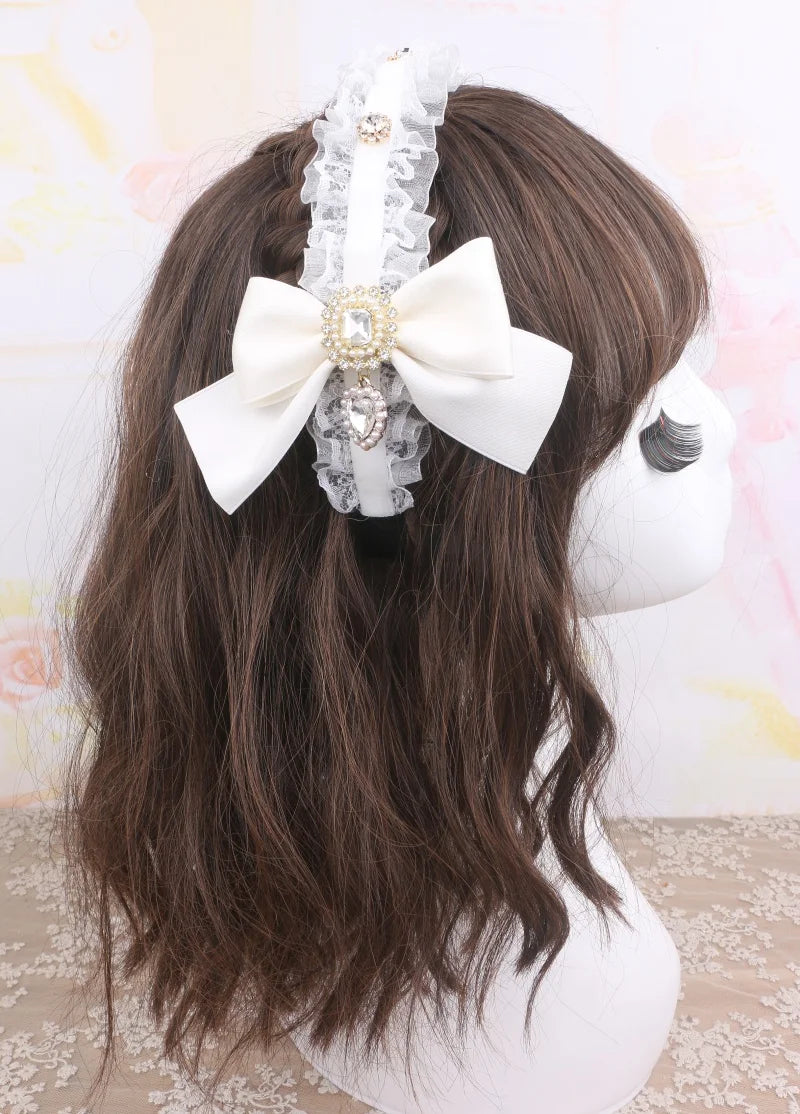 Sweet Hair Accessories Bow Head Band for Women Kawaii Lolita Diamond Bowknot Ruffles Hairbands Soft Girl Headwear
