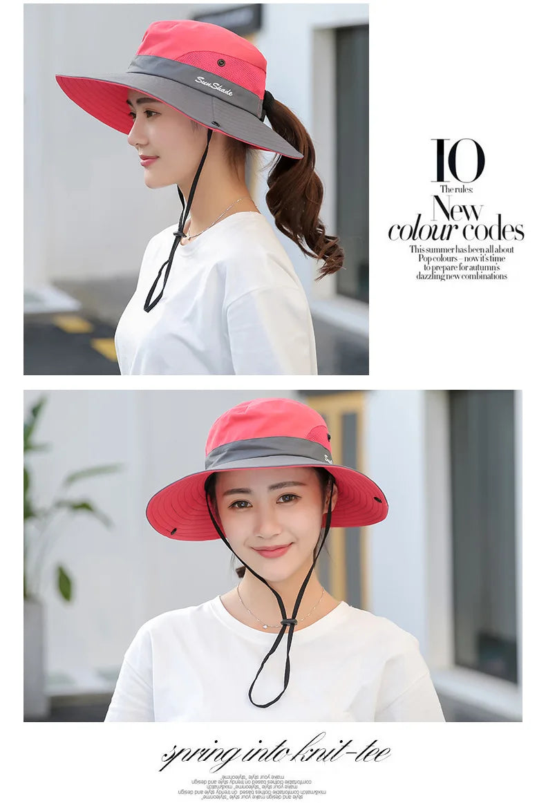 Women Summer Adjustable Bucket Hat with a Ponytail Hole Girls Sun Protection Hiking Cap Parent-child Outdoor Wide Brim Headgear