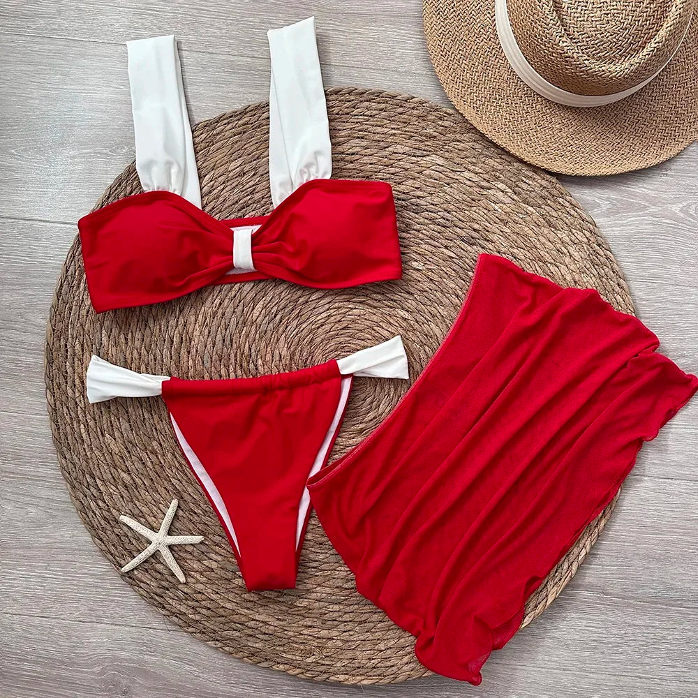 3 Pieces Bikini Set Wiht Mini Skirt Women Swimwear 2024 Sexy Bikinis Push Up Beachwear Solid Bodysuit Micro Thong Biquini Female