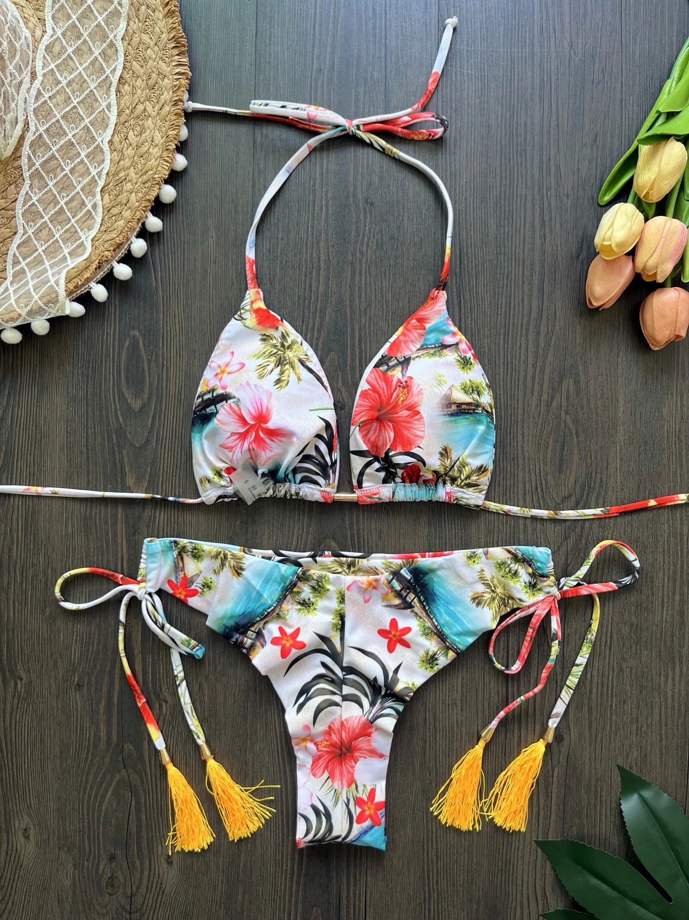 RUOTONSEPT New Sexy Botany Print Bikinis Set Women's Swimsuit Two-piece Triangle Halter Swimwear Bathing Suit Brazilian Biquinis