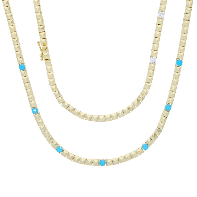 High Quality Simple Geometric Women Jewelry Fashion Gold Color White CZ Blue Turquoises Beaded Chain Bracelet Necklace