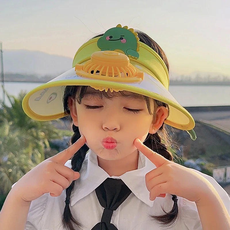 Children's Summer Sun Hat with Fan Sun Protection Hat Cartoon Outdoor Sun Protection Hollow brim Open Top Sun Protection Hat