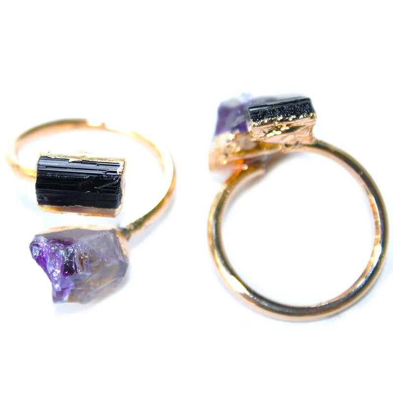 Irregular Rough Stone Open Ring for Women Gold-color Raw Amethyst Finger Jewelry with Black Tourmaline Resizable