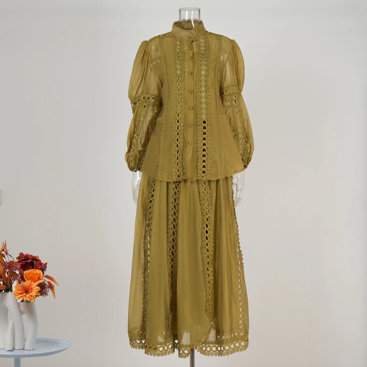 Elegant Embroidery Long Dress 2 Piece Set Women Summer Autumn Hollow Out Crochet Shirts Elastic Waist Long Maxi Skirt Suits