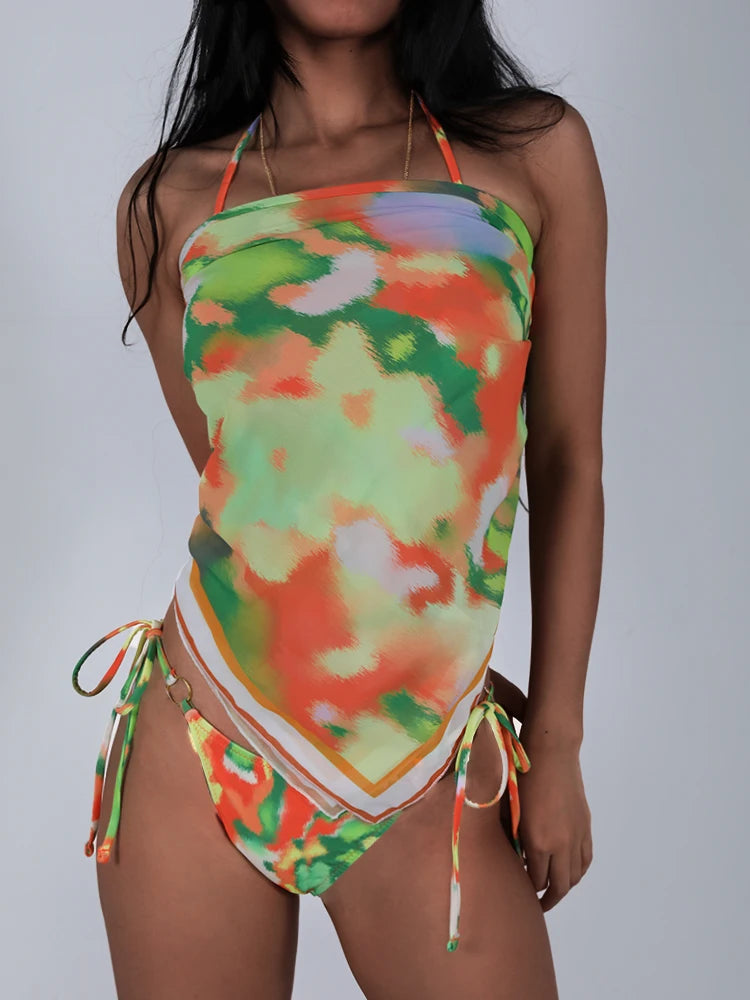 Miyouj 2025 Tie Dye Bikini Set Triangle Bathwear New Three Piece Suit Low Waist Biquini Summer Cover Up Women's Bandage Swimsuit