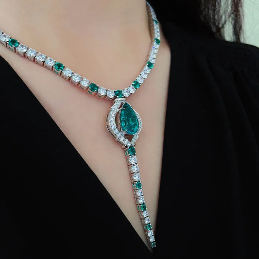 HOYON Women's Necklace s925 Silver Luxury Diamond Crystal Jadeite Premium Wedding Party Jewelry Gift Long Earring Necklace Set