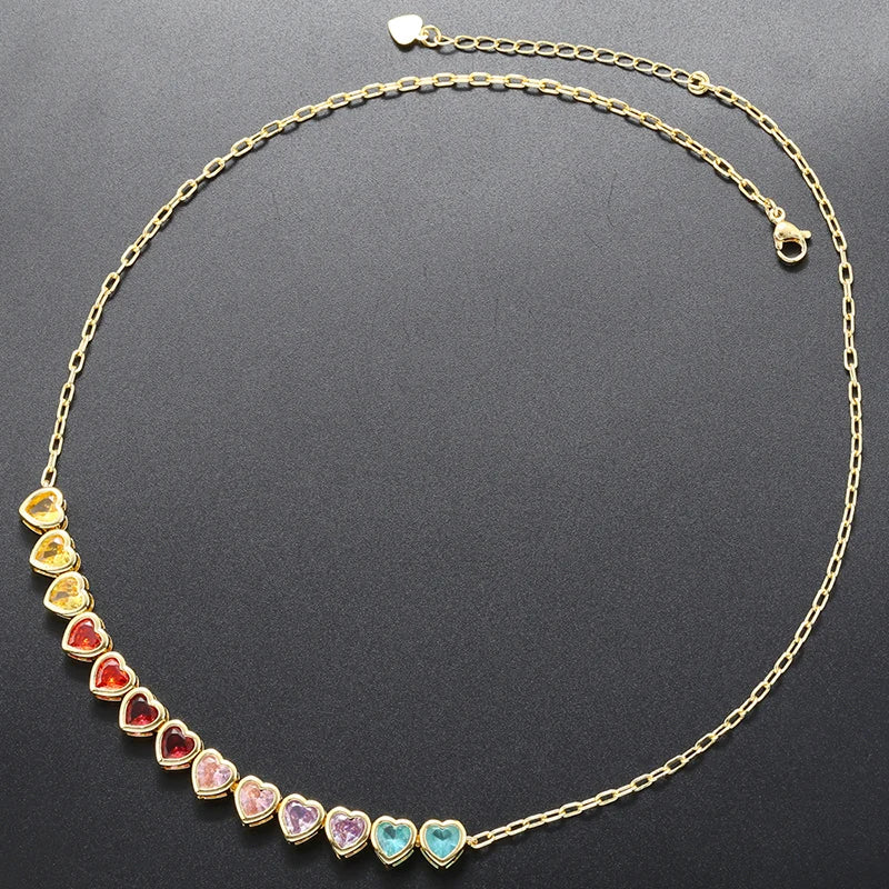 ZHUKOU Heart Rainbow bracelet for women 6 colors CZ stones necklace for women Summer adjustable jewelry sets wholesale VL333