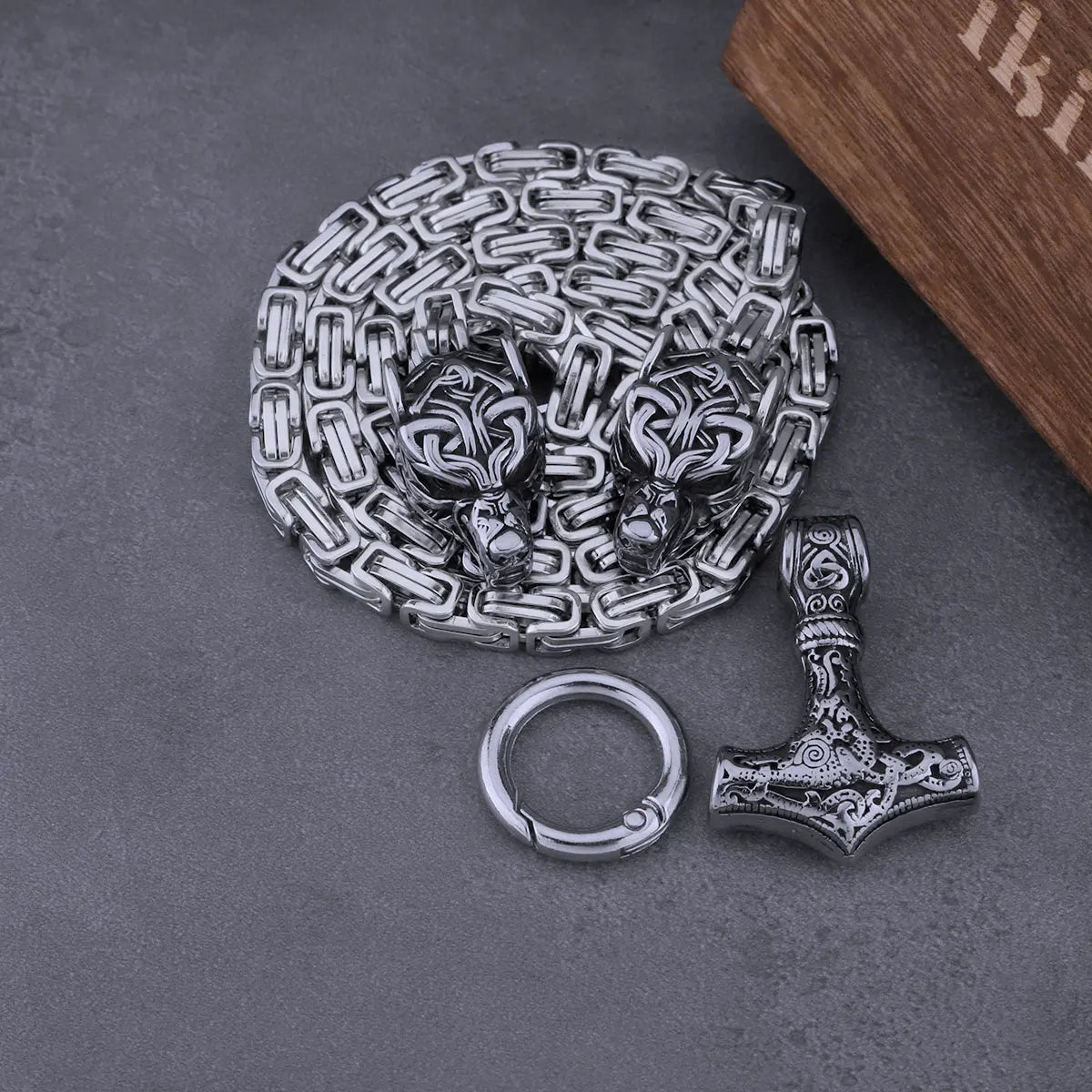 Viking Stainless Steel Wolf Head Thor's Hammer Set Necklace Punk Men's Nordic Fashion Jewelry Gift Necklace