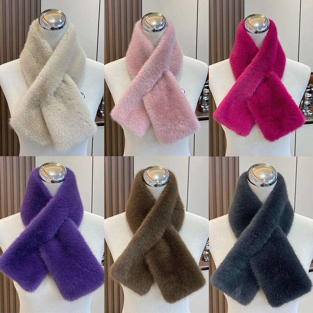Korean Winter Faux Rabbit Fur Women Scarf Double-sided Soft Plush Snood Scarves Solid Neck Collar Warmer Stuff Christmas Gift