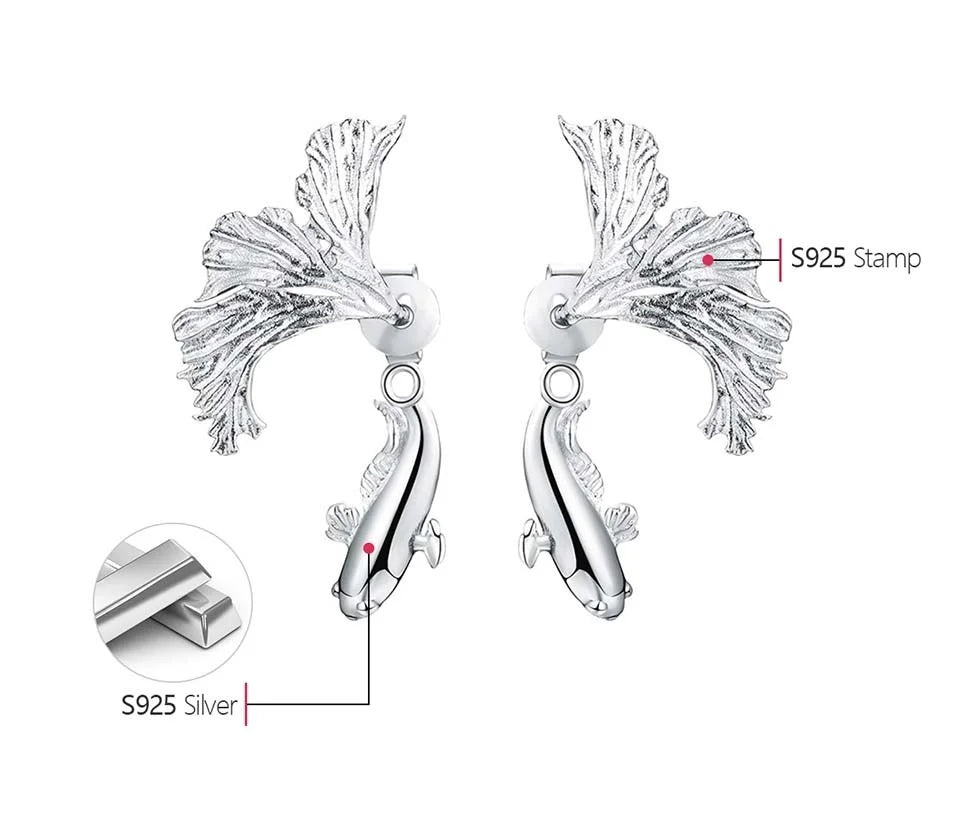 Lotus Fun 18K Gold Unusual Divided Design Fighting Fish Stud Earrings for Women Real 925 Sterling Silver Original Fine Jewelry