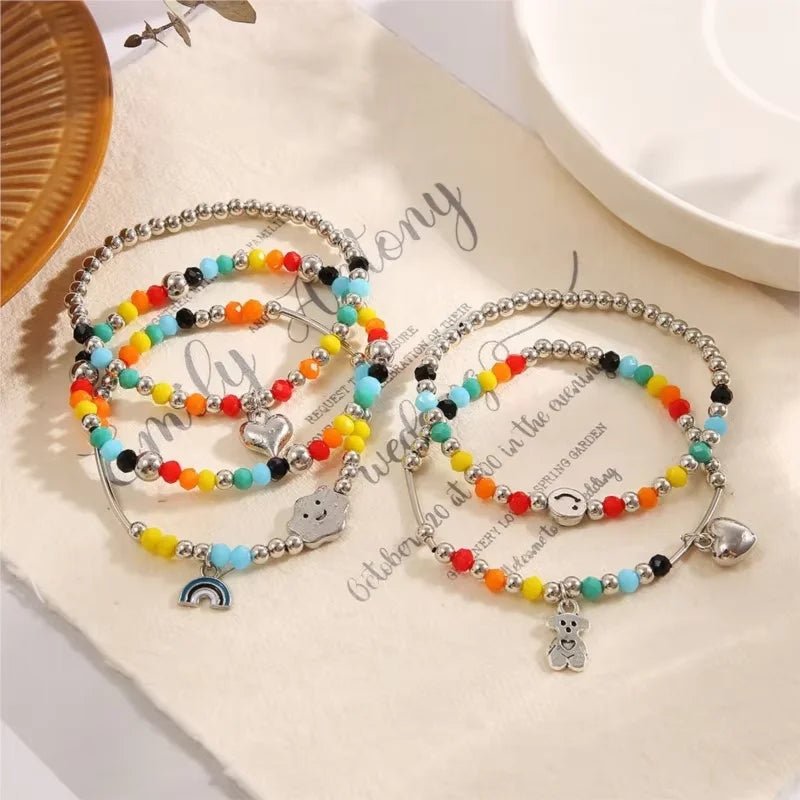 Rainbow Bear Love Beaded Pendants Bracelet for Women Y2K Elegant Trendy Handmade Bead Chain Party Jewelry Gifts