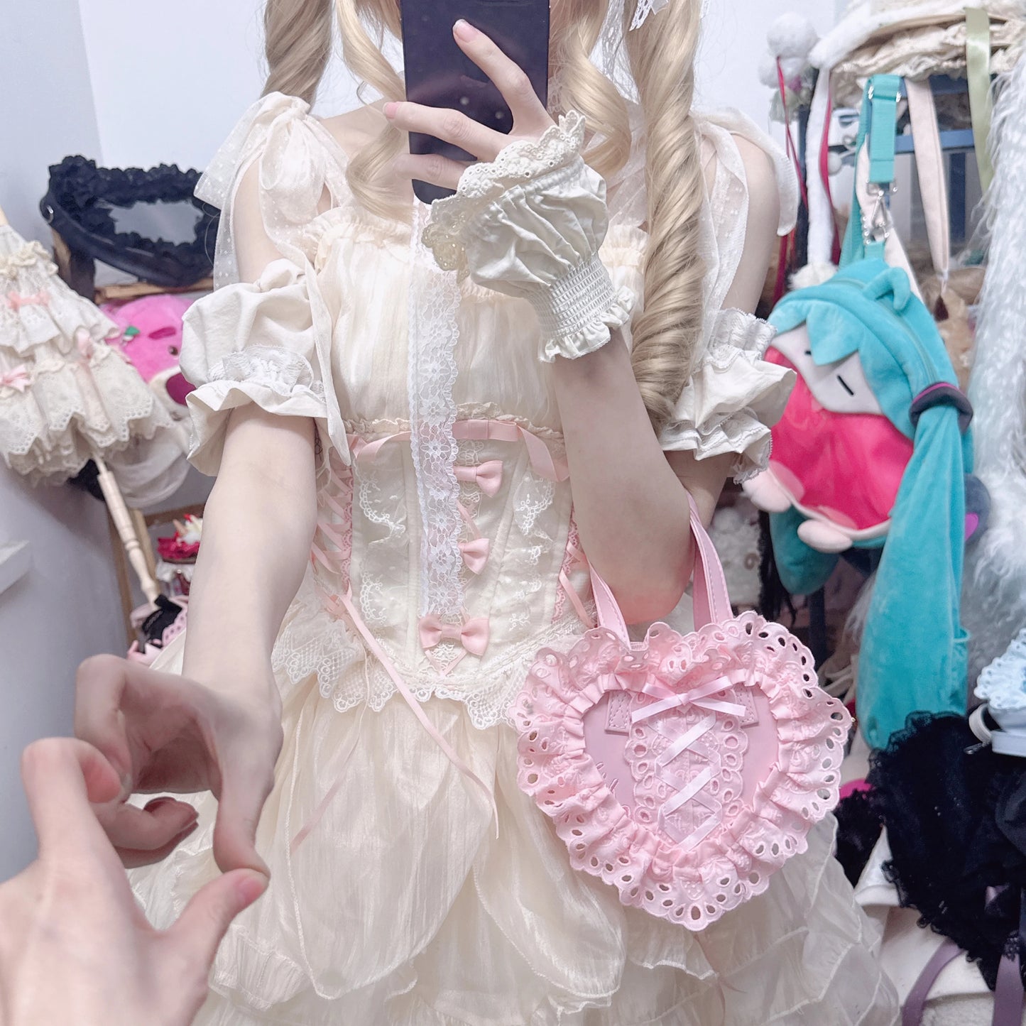 Lolita Handmade Love Heart Lace Flower Cute Shoulder Bag Sweet Girl Students Bow Tote Handbags