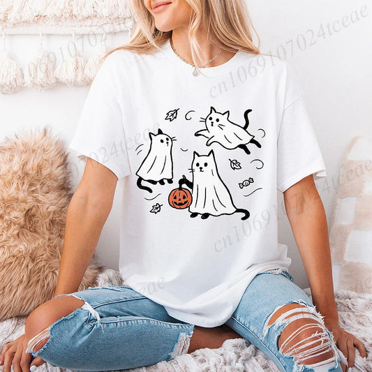 New Fashion Ghost Cat T-Shirt Tops Womens Vintage T-Shirt Funny Spooky Halloween Classic T-Shirt Tops Women's Tees Streetwear
