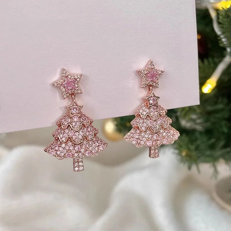 Shiny Pink Colorful Christmas Tree Zircon Crystal Earrings For Women Star Silver Color Stud Dangle Jewelry Xmas Party Gift