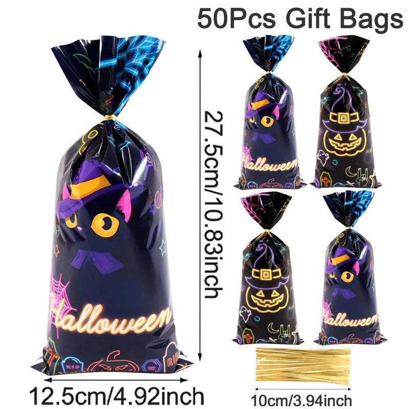 25/50/100pcs Halloween Black Cat Gift Bags Pumpkin Candy Packaging Bags Trick Or Treat 2025 Happy Halloween Party Decor Supplies