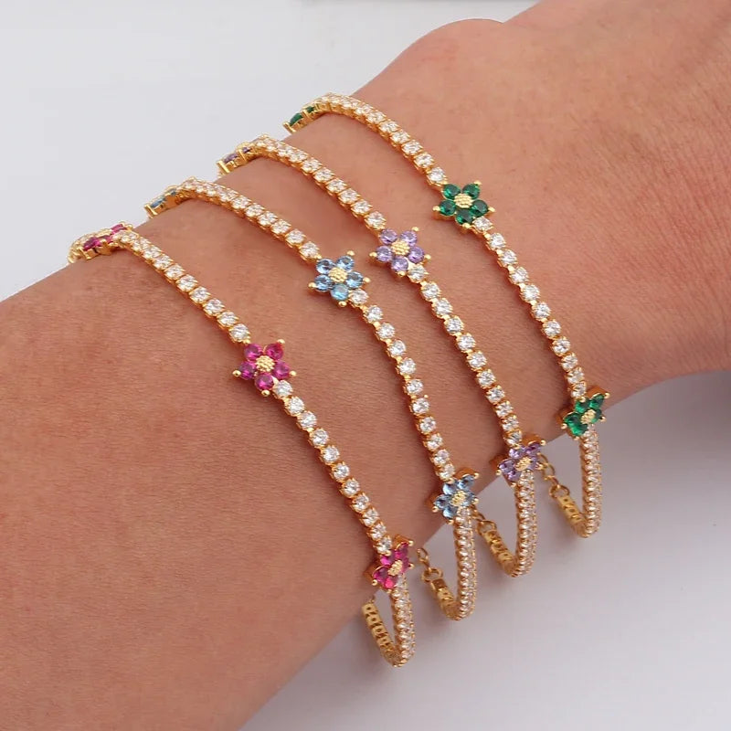 Luxury Rainbow CZ Flower Tennis Chain Bracelet For Women Girls Iced Out Bling CZ Paved Colorful Daisy Flower Bracelet