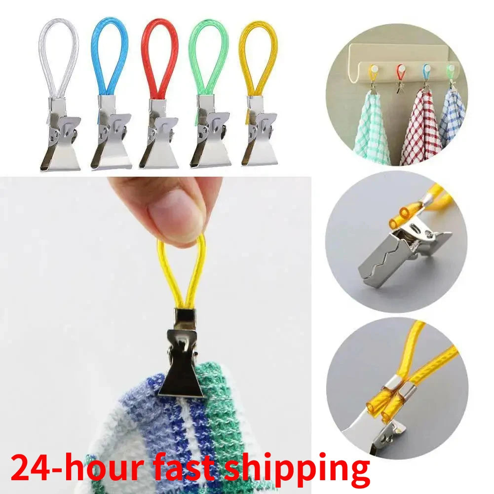 5/10Pcs Towel Hanging Clips Metal Clip On Hooks Loops Hand Towel Hangers Hanging Clothes Pegs Kitchen Bathroom Organizer