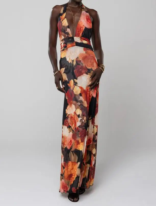 GuliriFei Women Long Dress, Sleeveless Halter Dress Backless Flower/Dots Print Summer Cocktail Dress