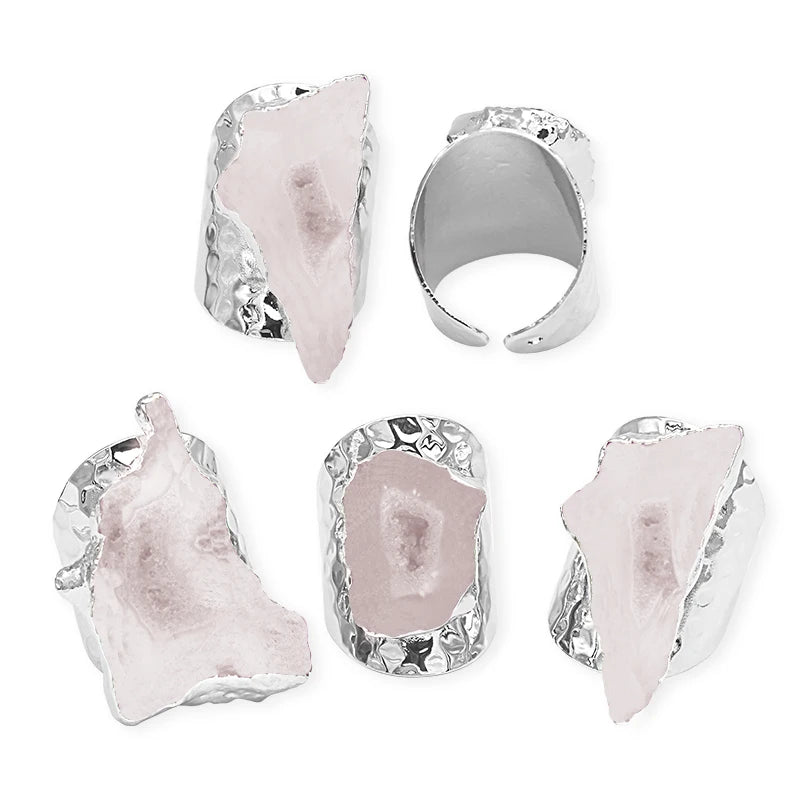Irregular Geode Stone Agate Slices Open Ring for Women Girls  Silver Color Boho Resizable Finger Jewelry