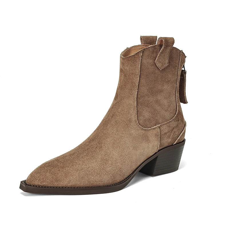 2025 Autumn Winter Trend Cow Suede Women Western Boots Black Brown Khaki Purple Green Burgundy Pointed Toe Ladies Ankle Boots