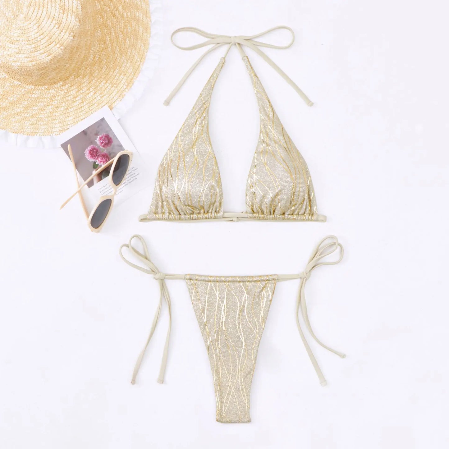 sexy glitter halter string triangle micro mini bikinis sets two pieces bathing suit beach wear women thong swimsuits biquini
