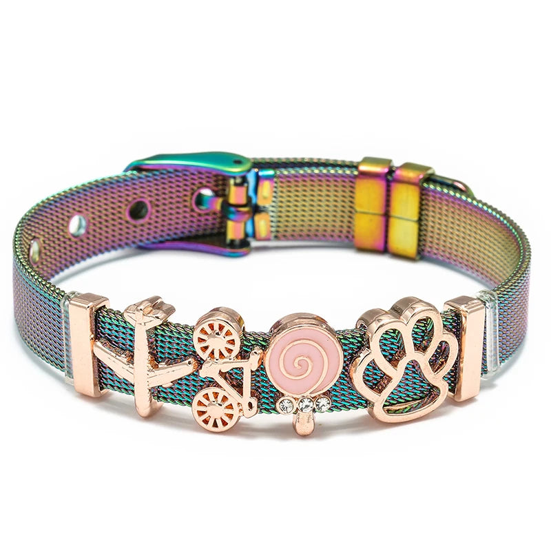 Silver Color Stainless Steel Mesh Bracelets For Women Crystal Santa Claus Beads Charm Watch Belt BraceletsBangles Christmas Gift