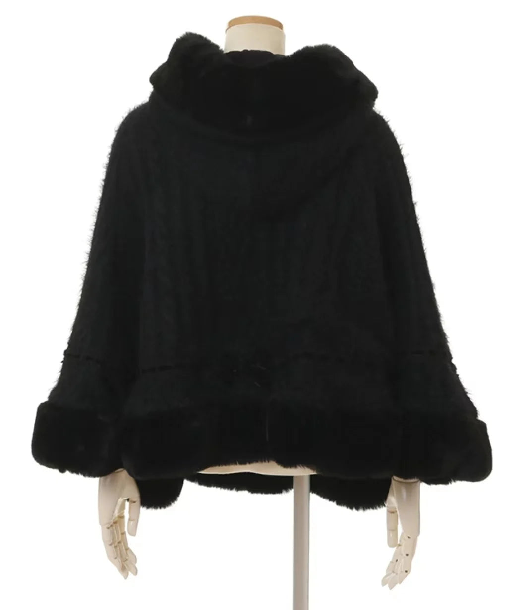 Japanese Sweet Soft Thick Women's Double-Layer Big Ribbon Hooded Knitted Cloak 3 Colors Autumn and Winter Ponchos Warm Jacket