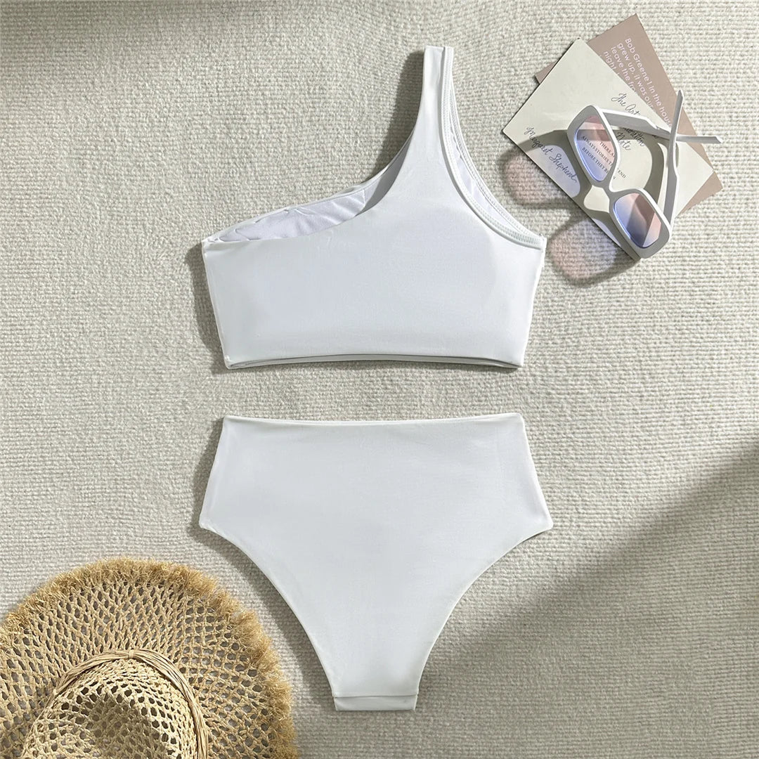 New Wrinkled One Shoulder High Waist Bikini Female Swimsuit Women Swimwear Two-pieces Bikini set Bather Bathing Suit Swim V5857