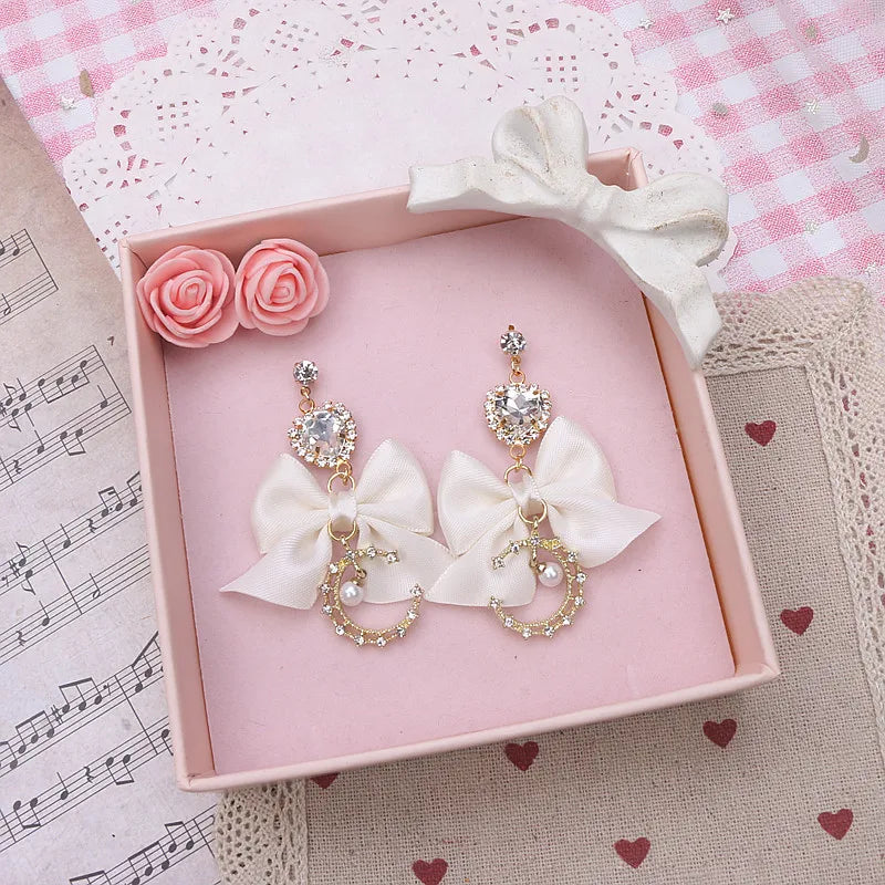 Lo Girl's Earrings Moon Rhinestone Pearl Heart Pendant Fashion Handmade Bow Jiraikei Kawaii Needle Ear Clip Earrings for Women