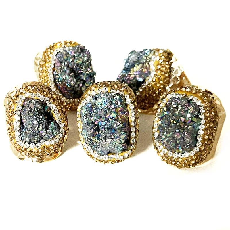 Irregular Druzy Quartz Stone Open Ring for Women Gilrs Micro Inlay Yellow Rhinestone Gold Plated Boho Finger Jewelry Resizable