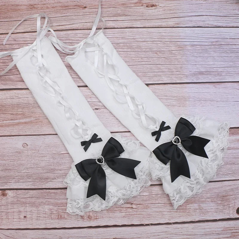 Handmade Sweet Women's Lolita Mine Lace Bow Rhinestone Oversleeves Girls Japanese Style Lace Sleeves Mittens