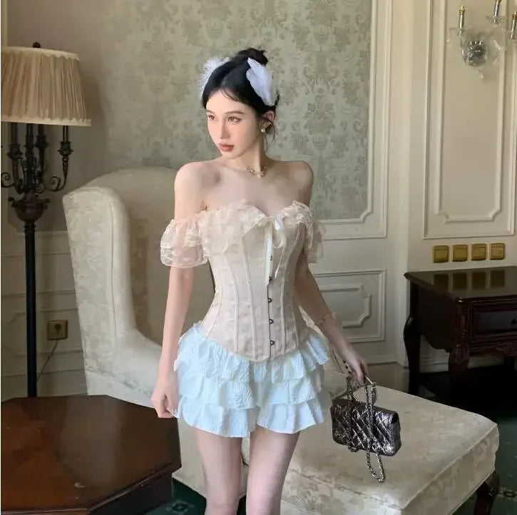 Palace Style Black Fashion Two Piece Sets Women Off Shoulder Lace Up Corset Shirt&Mini Cake Skirt 2025 New Summer 2 Piece Sets
