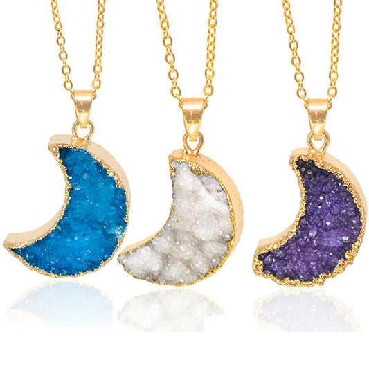 Natural Druzy Quartz Stone Moon Shape Pendant Jewelry Raw Crystal Cluster Jewelry For Women Girls Necklace Making