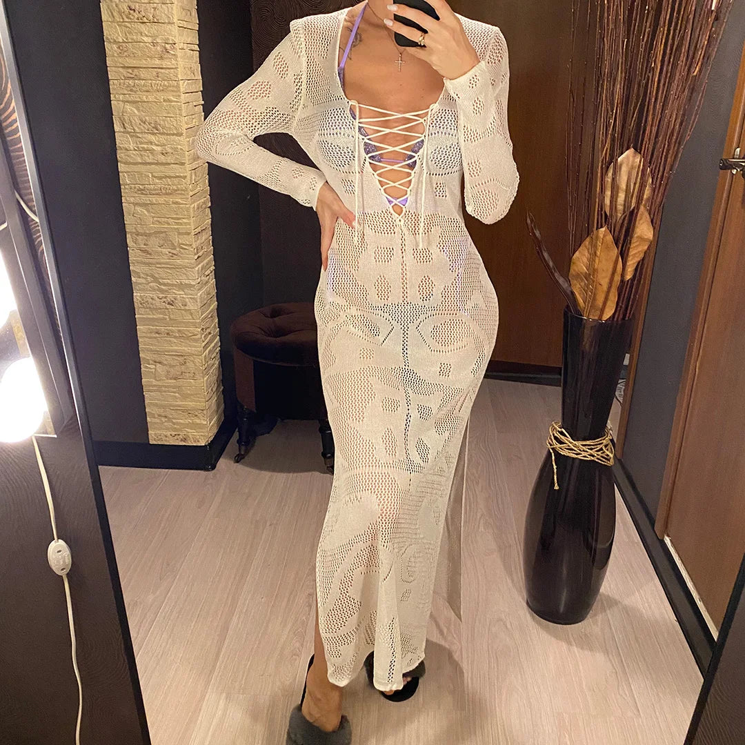 Deep V Dress Lace Up Long Sleeve Women Split Maxi Dress Crochet Knitted Tunic Mesh Sheer Sexy Bodycon Long Dress Vestido V4146B