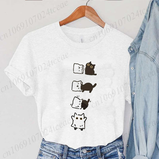 Boo Black Cat Print Women T-shirt Fashion Summer Tee Clothing Short Sleeve Harajuku Streetwear Casual Shirt Halloween Tee Tops