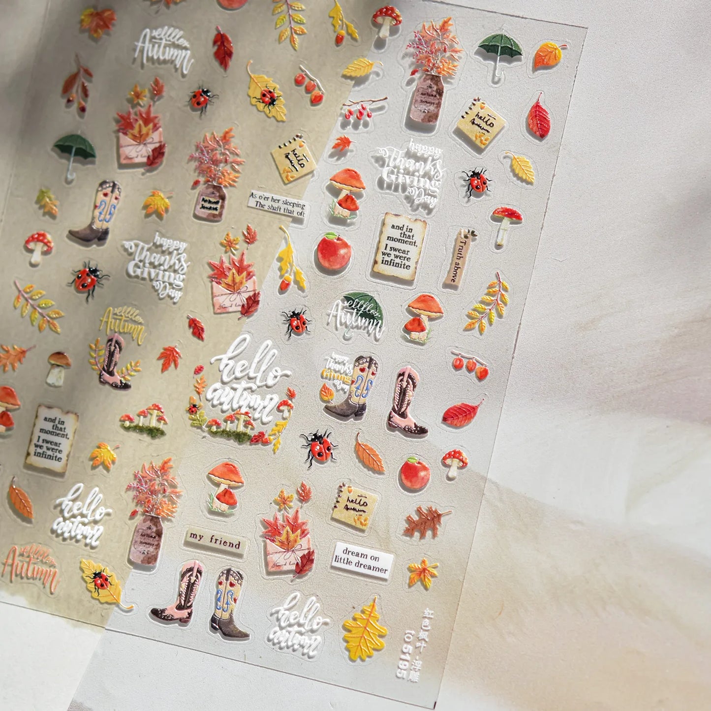 Classic Red Maple Leaves Golden Ginkgo Autumn Harvest 5D Nail Art Sticker Cute Pumpkins Ladybug Mushrooms Adhesive Manicure Deca