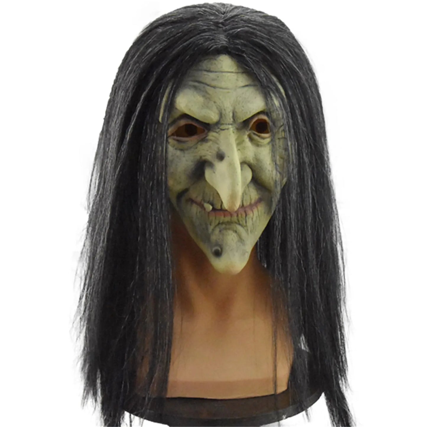 Halloween Old Woman Witch Mask With Horror Green Face Long Hair Party Costume Cosplay Masks Props Cosplay Headdress