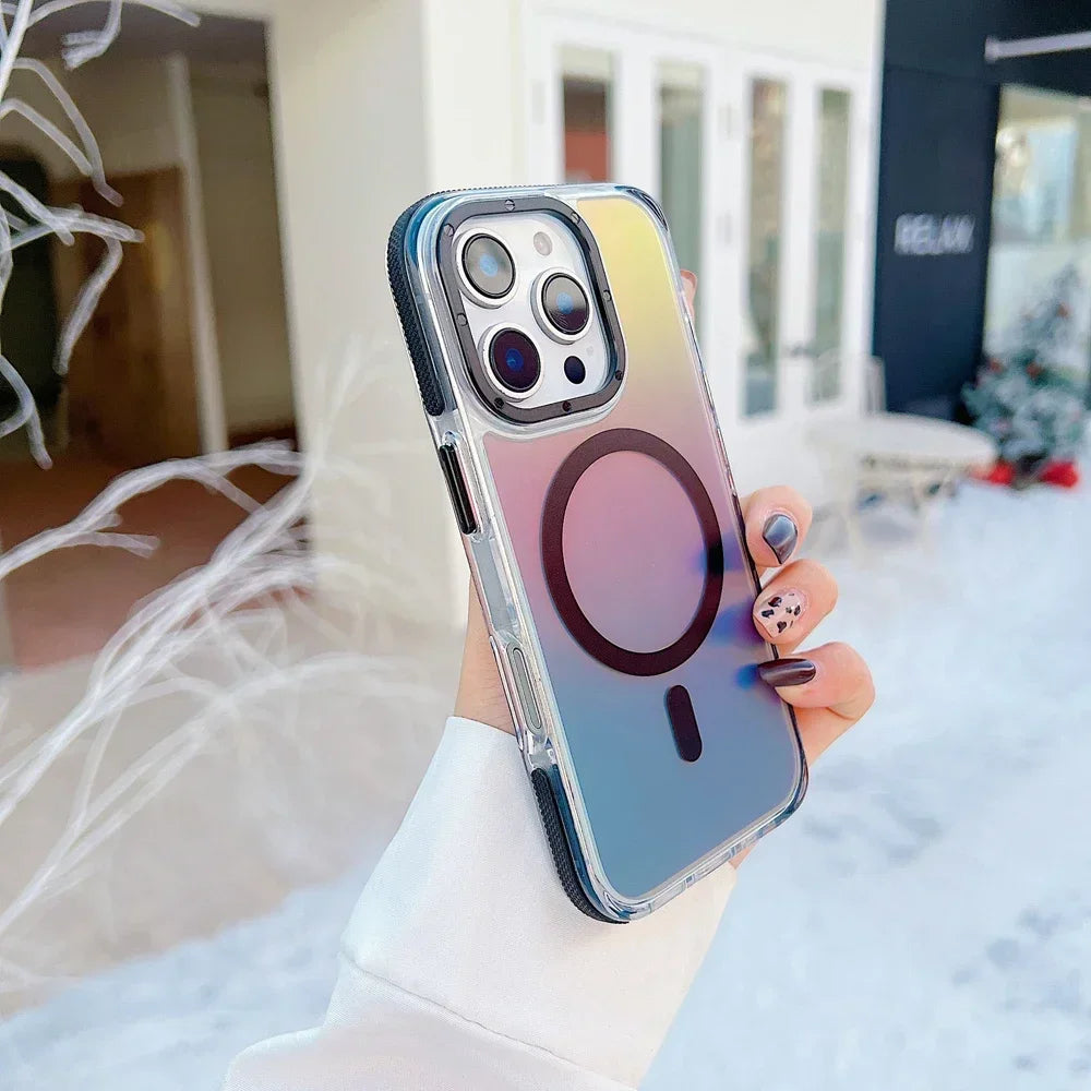 Stylish Metal Lens Magnetic Phone Case for IPhone 17 16 15 14 13 12 11 Pro Max Plus MagSafe Wireless Gradual Change Color Cover