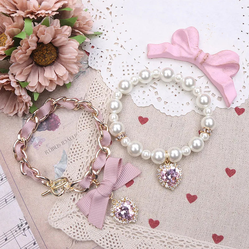 Lolita Bracelet Accessories Sweet Girl Rhinestone Heart Bow Kawaii Girl Two-Piece Pearls Bracelets Japanese Bowknot Ornament