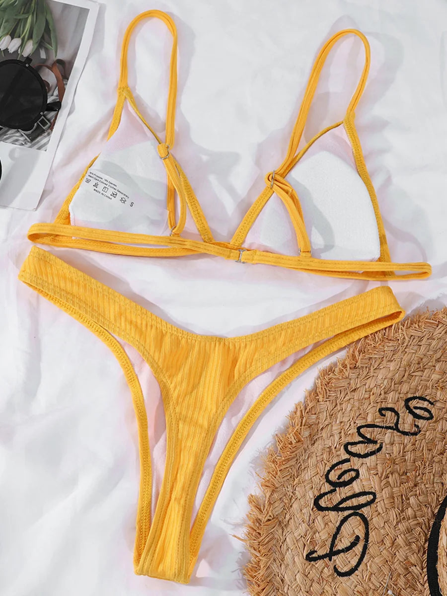Bandeau Tanga Bikinis Ribbed Bikini 2025 Sexy High Cut Bikini Set Brazilian Swimsuit Thong Swimwear Women Girls Swimming Suit